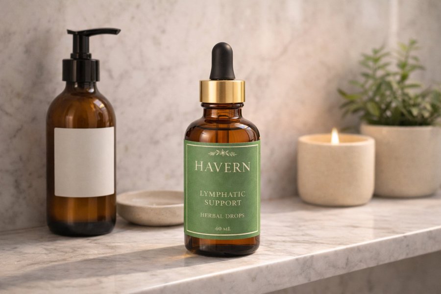 Havern on bathroom shelf